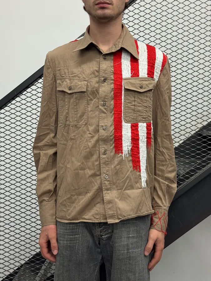2000s Roberto Cavalli Khaki Stars & Stripes Embroidered Shirt kScQknH 2