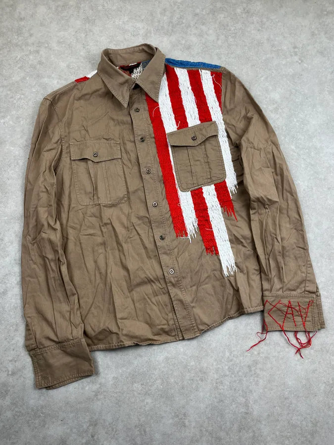2000s Roberto Cavalli Khaki Stars & Stripes Embroidered Shirt kScQknH 4