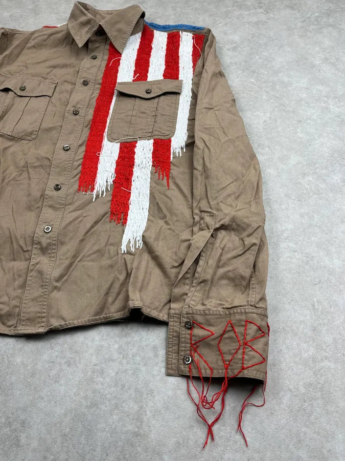 2000s Roberto Cavalli Khaki Stars & Stripes Embroidered Shirt kScQknH 5
