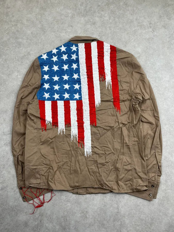 2000s Roberto Cavalli Khaki Stars & Stripes Embroidered Shirt kScQknH 0