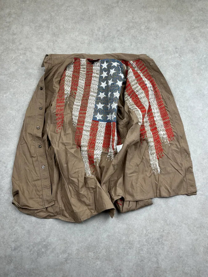 2000s Roberto Cavalli Khaki Stars & Stripes Embroidered Shirt kScQknH 9