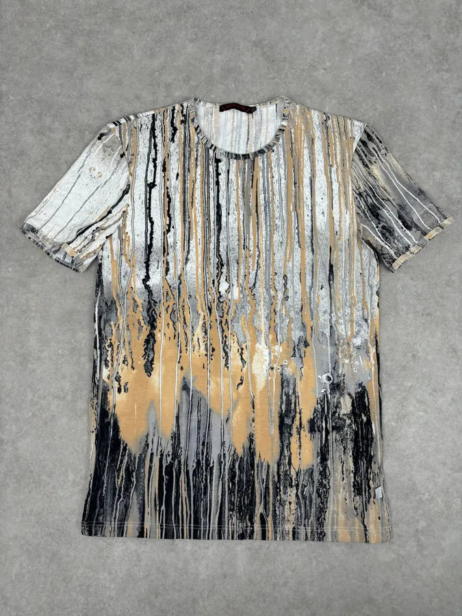 2000s Roberto Cavalli Beige Striped Abstract Painting T-Shirt bKjKhqw 0
