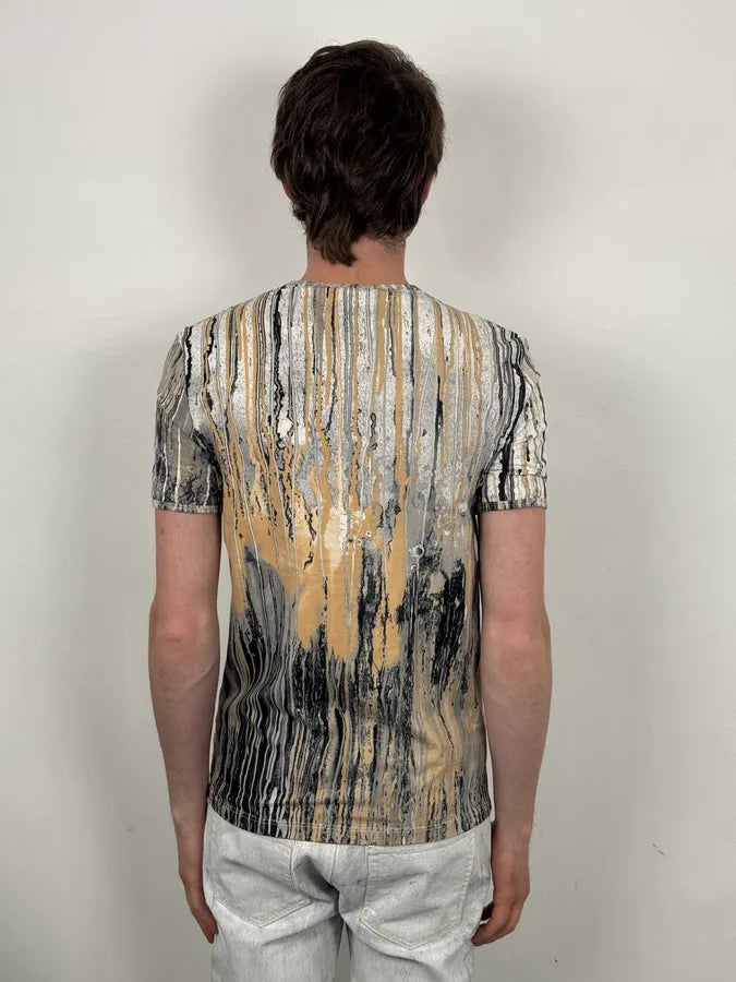 2000s Roberto Cavalli Beige Striped Abstract Painting T-Shirt bKjKhqw 2