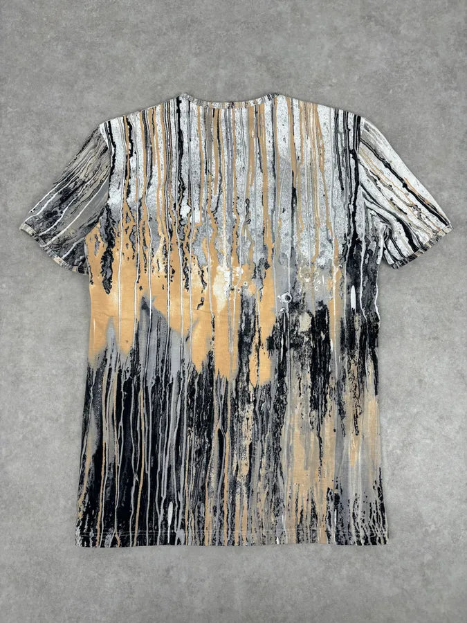 2000s Roberto Cavalli Beige Striped Abstract Painting T-Shirt bKjKhqw 4