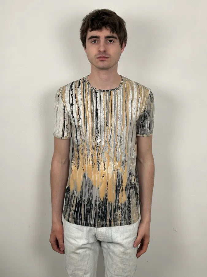 2000s Roberto Cavalli Beige Striped Abstract Painting T-Shirt bKjKhqw 1
