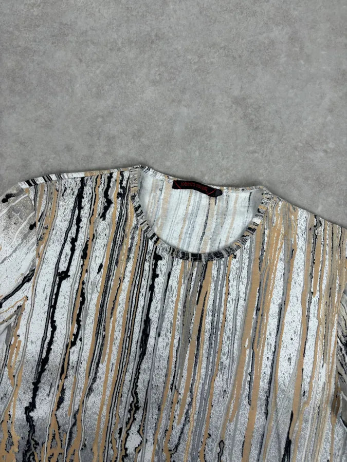 2000s Roberto Cavalli Beige Striped Abstract Painting T-Shirt bKjKhqw 3