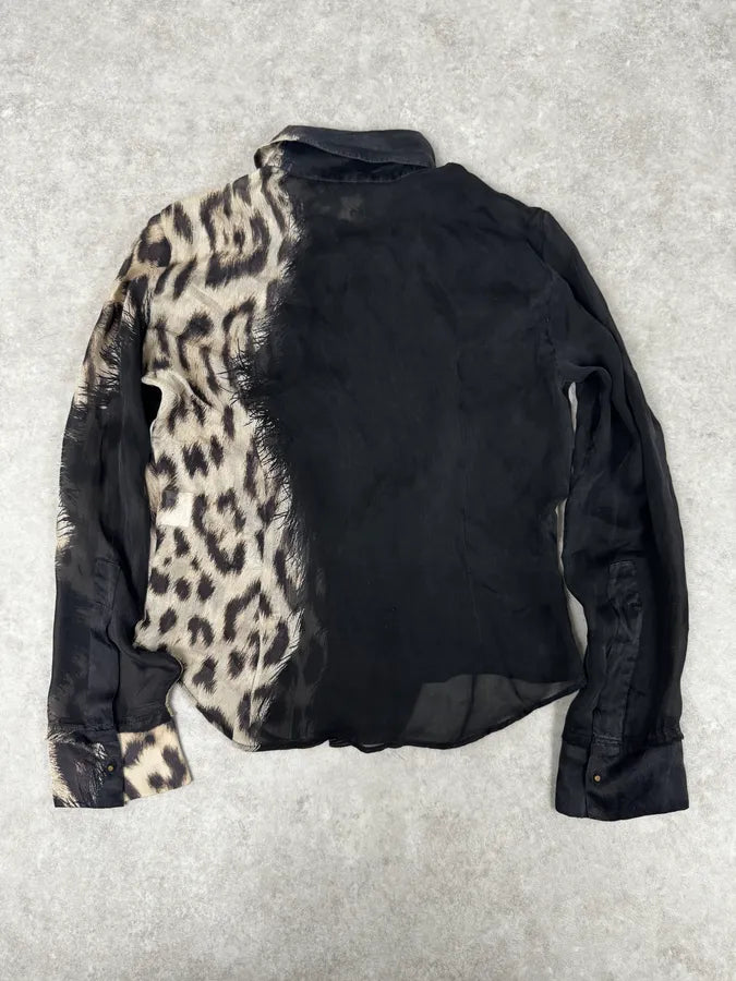AW2001 Roberto Cavalli Black & Leopard Print Silk Shirt  htYcGmz 3