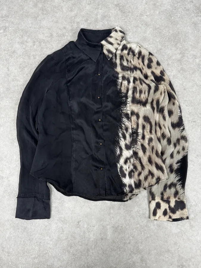 AW2001 Roberto Cavalli Black & Leopard Print Silk Shirt  htYcGmz 0
