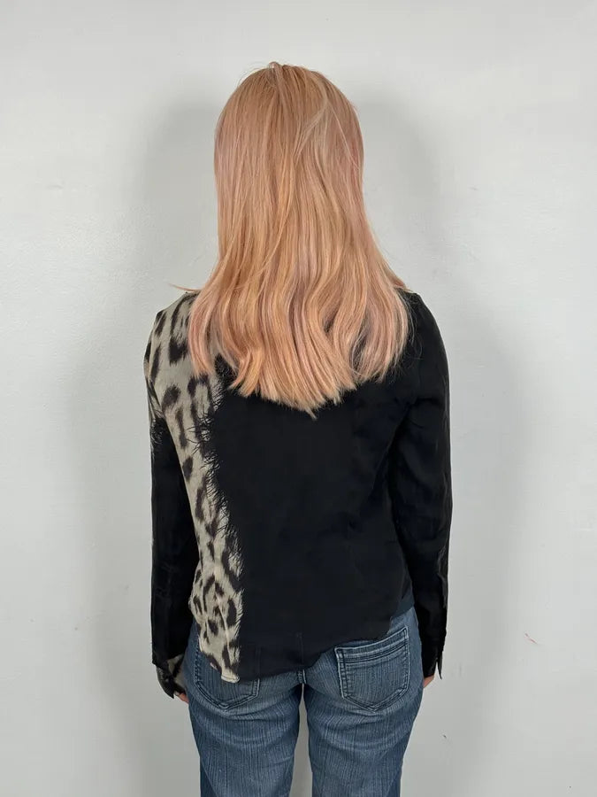 AW2001 Roberto Cavalli Black & Leopard Print Silk Shirt  htYcGmz 2