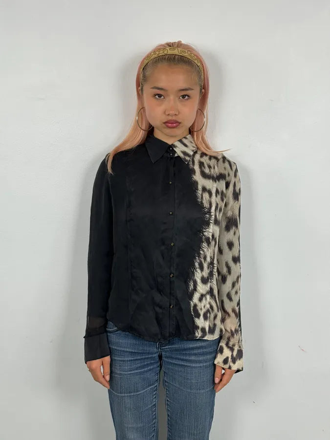 AW2001 Roberto Cavalli Black & Leopard Print Silk Shirt  htYcGmz 1
