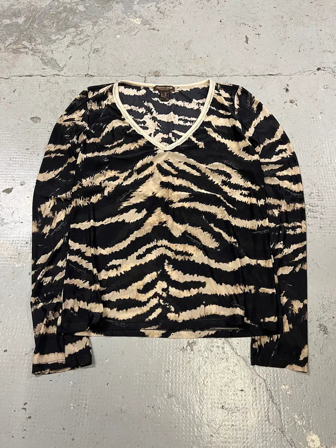 Roberto Cavalli Black & Beige Zebra Savage V Neck Longsleeves bTxyLqn 0
