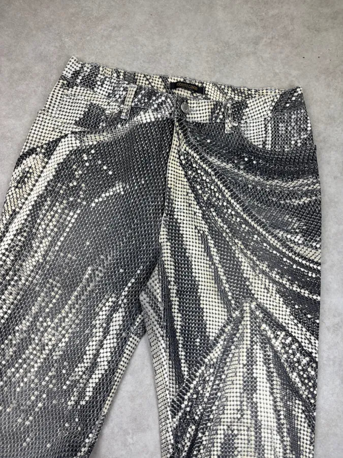 2000s Roberto Cavalli Black & Cream Sequin Optical Pants DVxqjZC 4