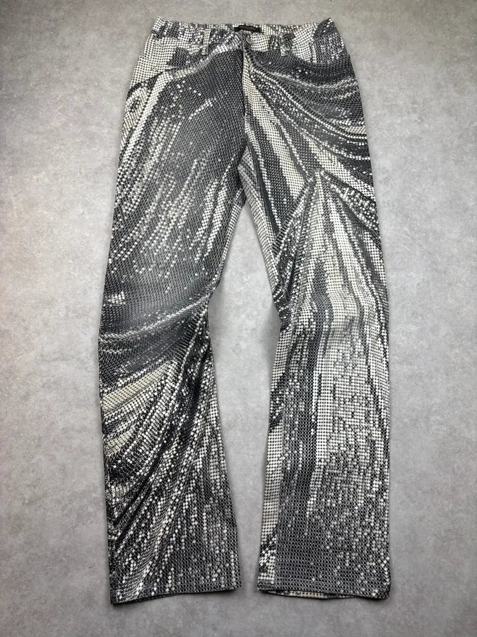 2000s Roberto Cavalli Black & Cream Sequin Optical Pants DVxqjZC 0
