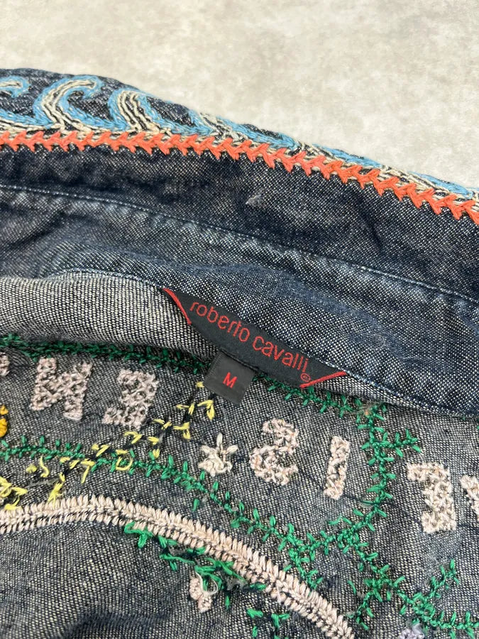 2000s Roberto Cavalli Blue Fantasy Embroidered Shirt lfvWyIL 12