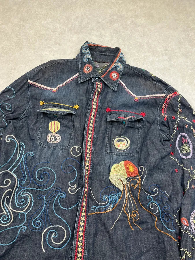 2000s Roberto Cavalli Blue Fantasy Embroidered Shirt lfvWyIL 3