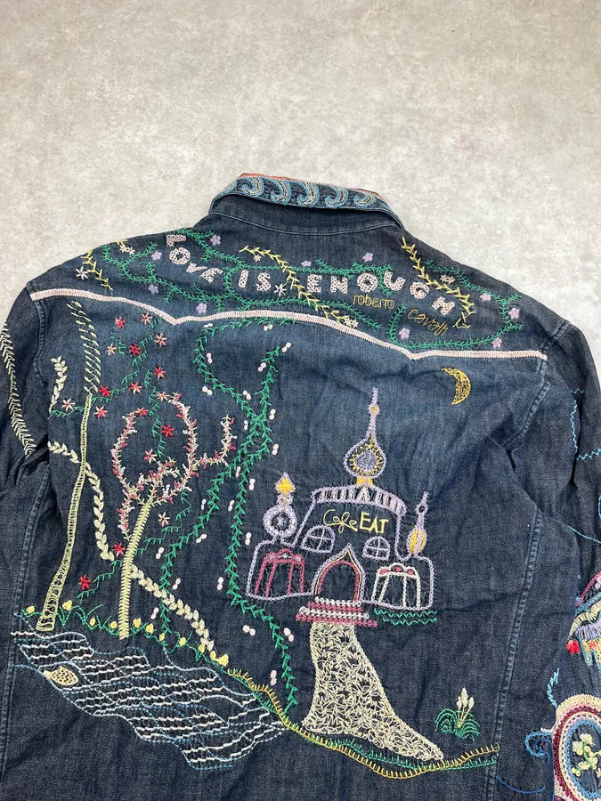 2000s Roberto Cavalli Blue Fantasy Embroidered Shirt lfvWyIL 11