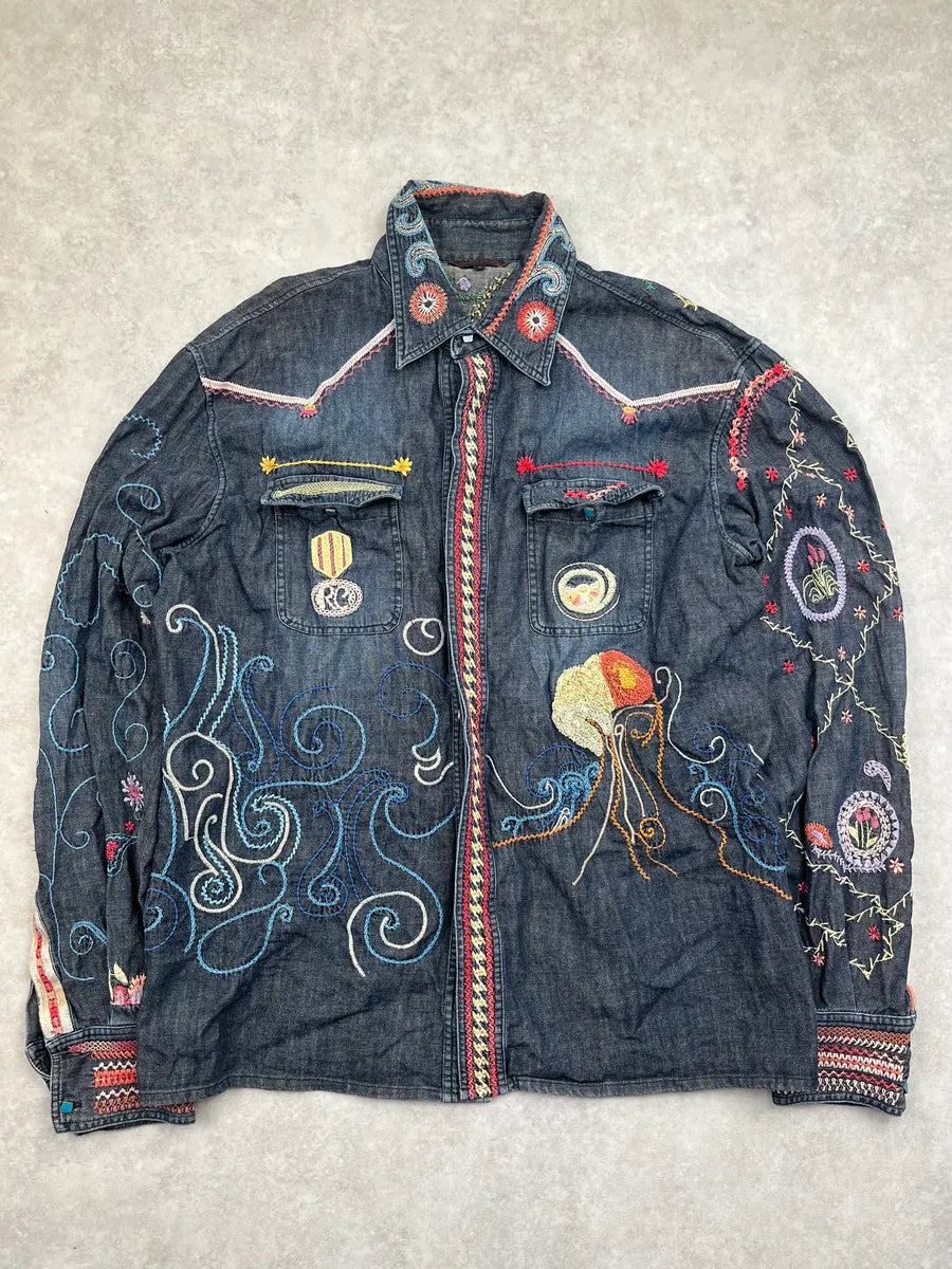 2000s Roberto Cavalli Blue Fantasy Embroidered Shirt lfvWyIL 0