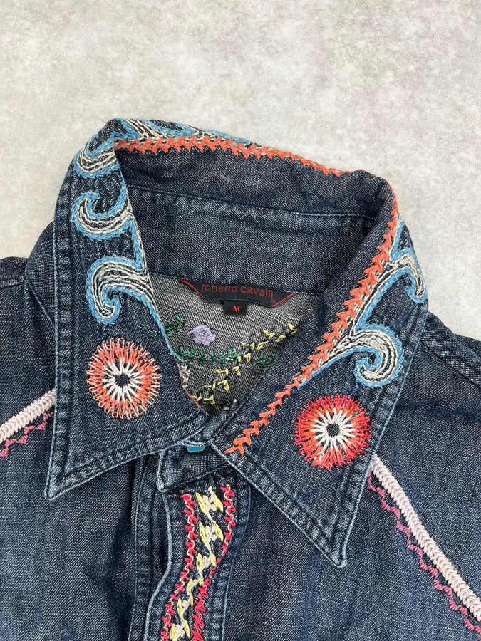 2000s Roberto Cavalli Blue Fantasy Embroidered Shirt lfvWyIL 8