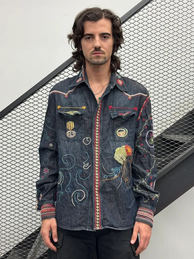2000s Roberto Cavalli Blue Fantasy Embroidered Shirt lfvWyIL 1