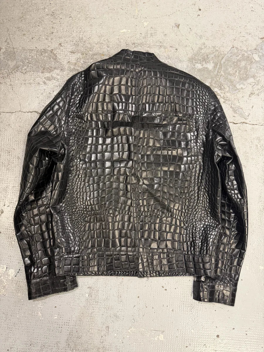 Roberto Cavalli Black Crocodile Embossed Leather Biker Jacket oUYirPD 1