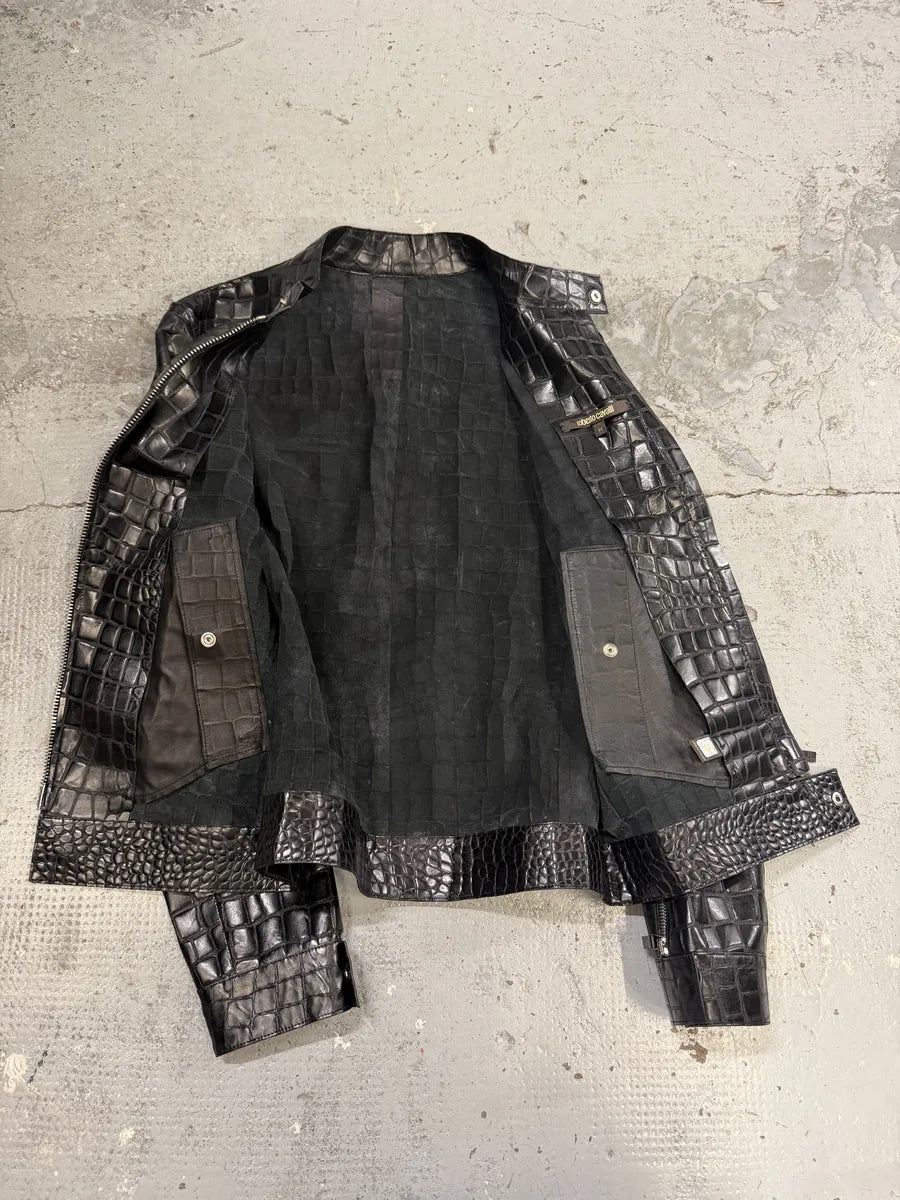 Roberto Cavalli Black Crocodile Embossed Leather Biker Jacket oUYirPD 11