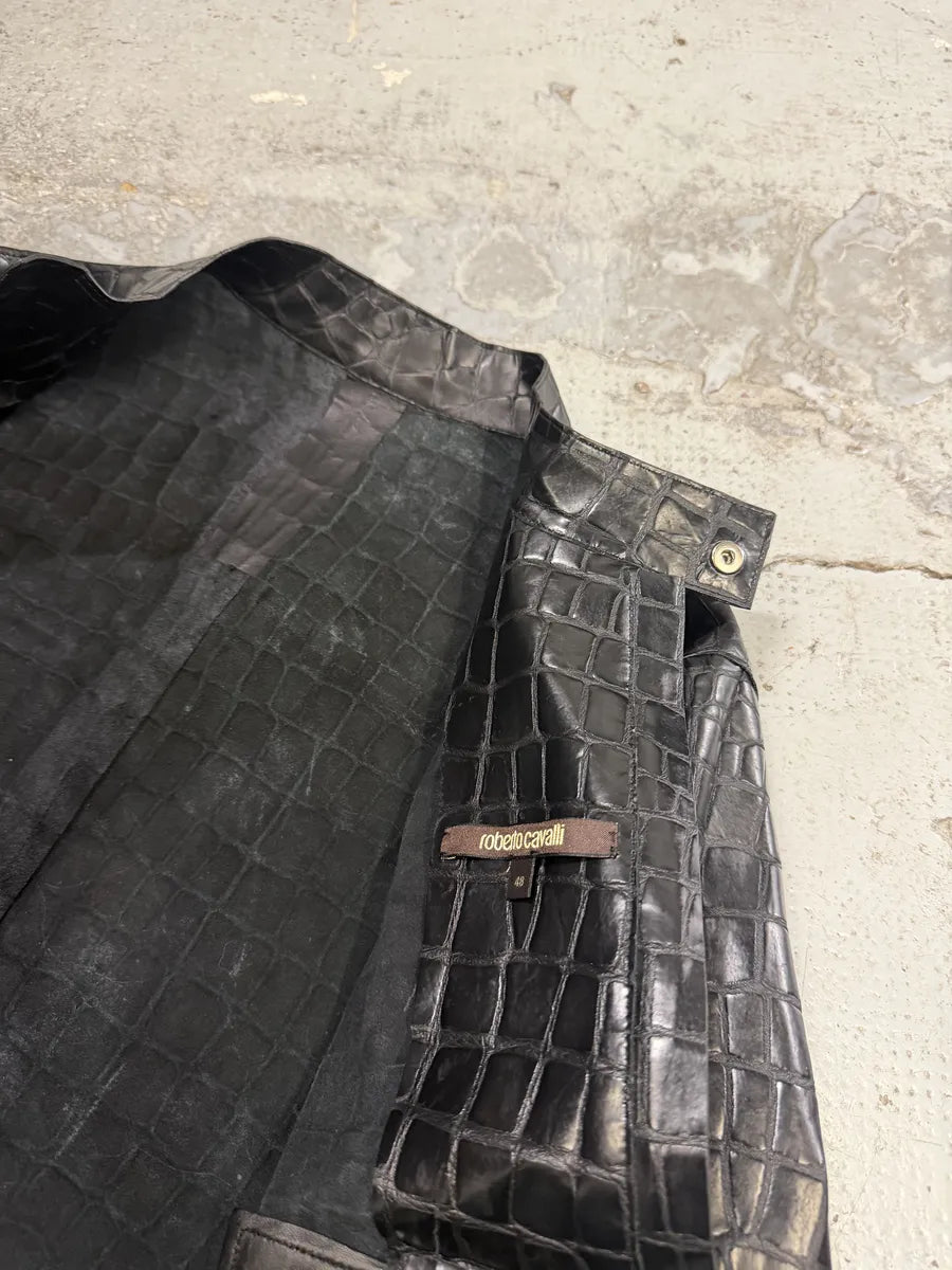 Roberto Cavalli Black Crocodile Embossed Leather Biker Jacket oUYirPD 12
