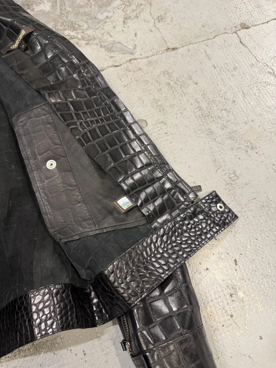 Roberto Cavalli Black Crocodile Embossed Leather Biker Jacket oUYirPD 13