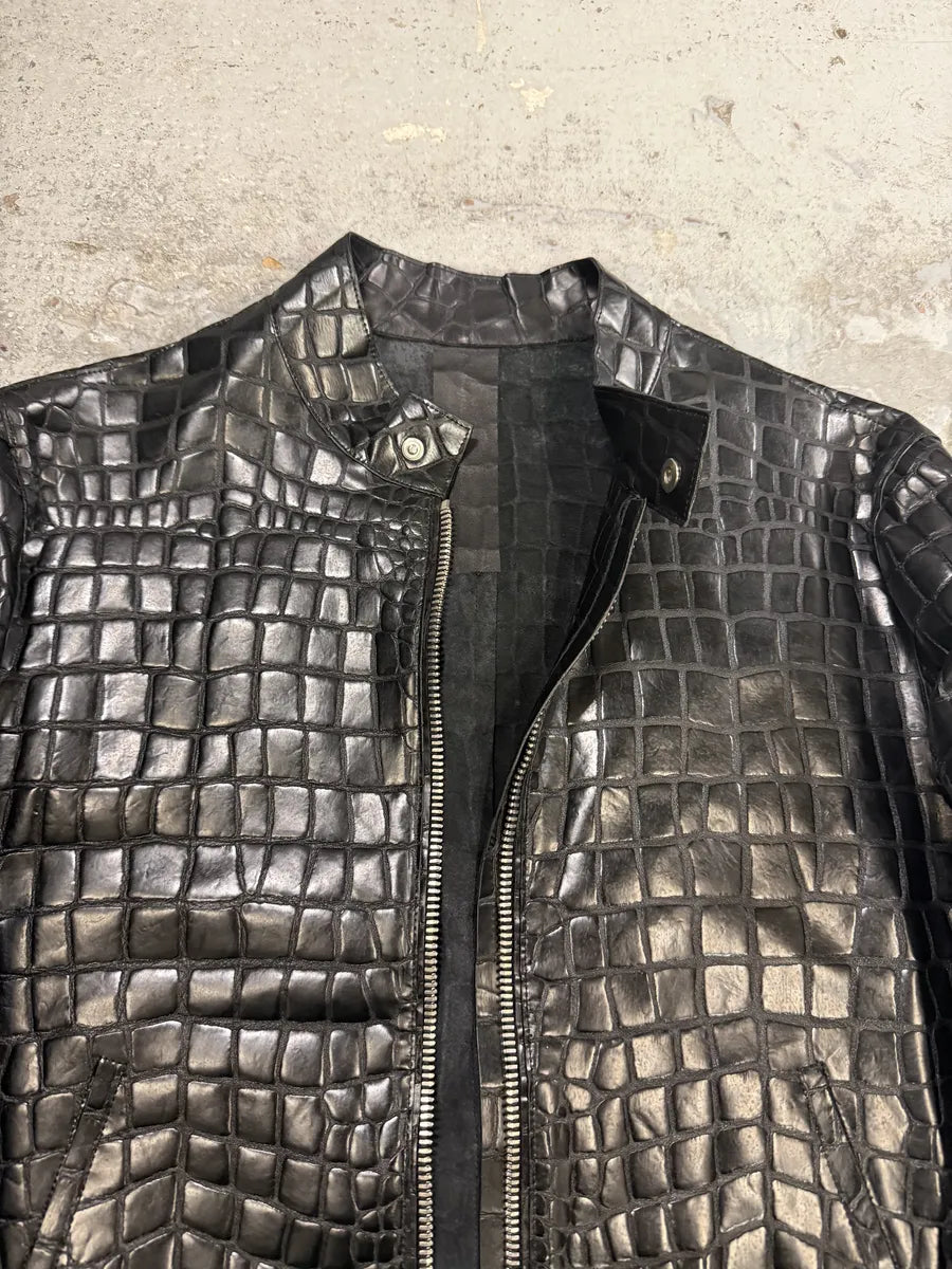 Roberto Cavalli Black Crocodile Embossed Leather Biker Jacket oUYirPD 14