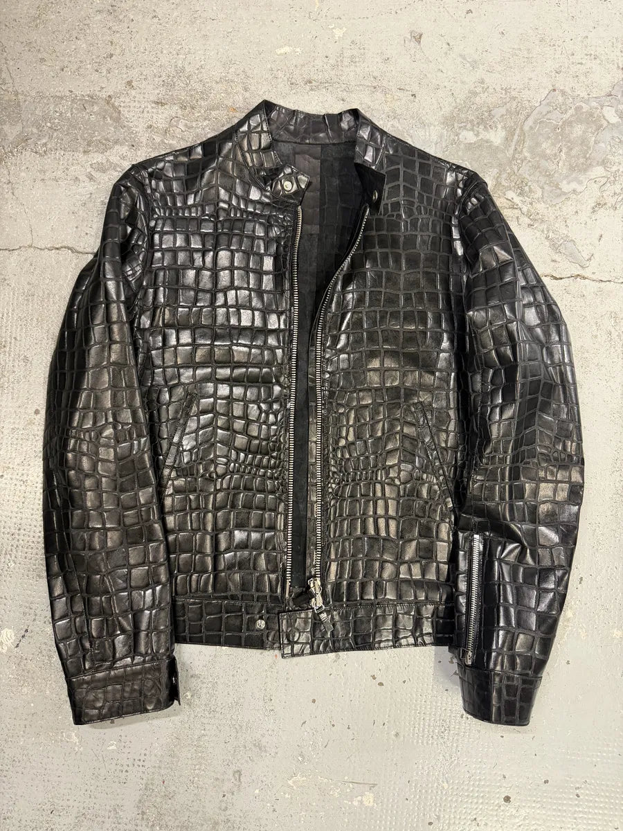 Roberto Cavalli Black Crocodile Embossed Leather Biker Jacket oUYirPD 2