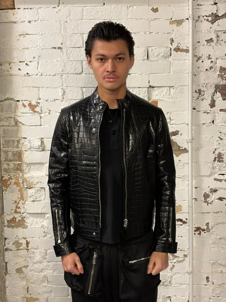 Roberto Cavalli Black Crocodile Embossed Leather Biker Jacket oUYirPD 3