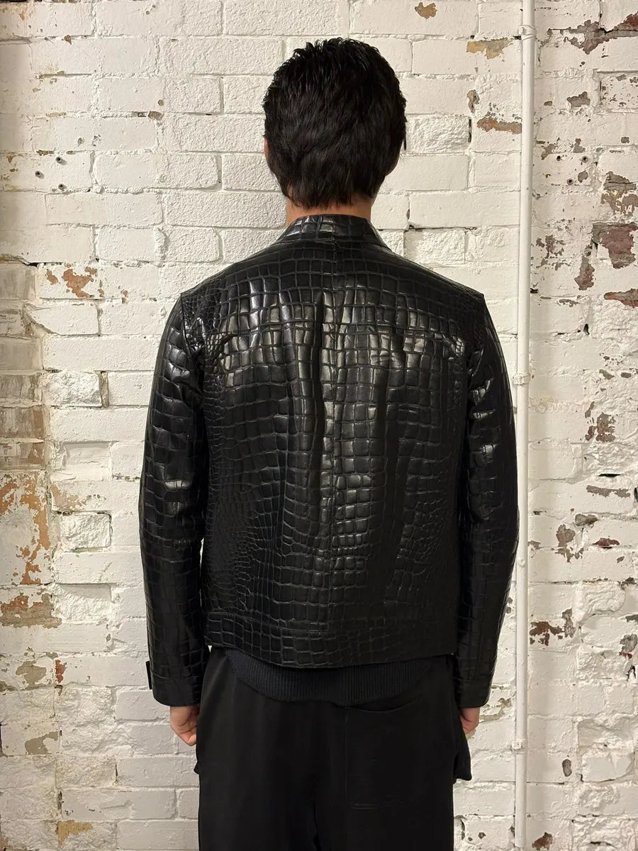 Roberto Cavalli Black Crocodile Embossed Leather Biker Jacket oUYirPD 4