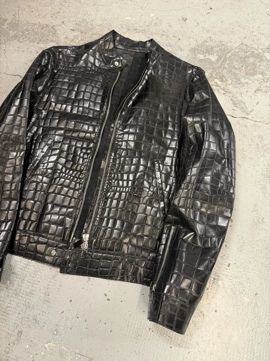 Roberto Cavalli Black Crocodile Embossed Leather Biker Jacket oUYirPD 5