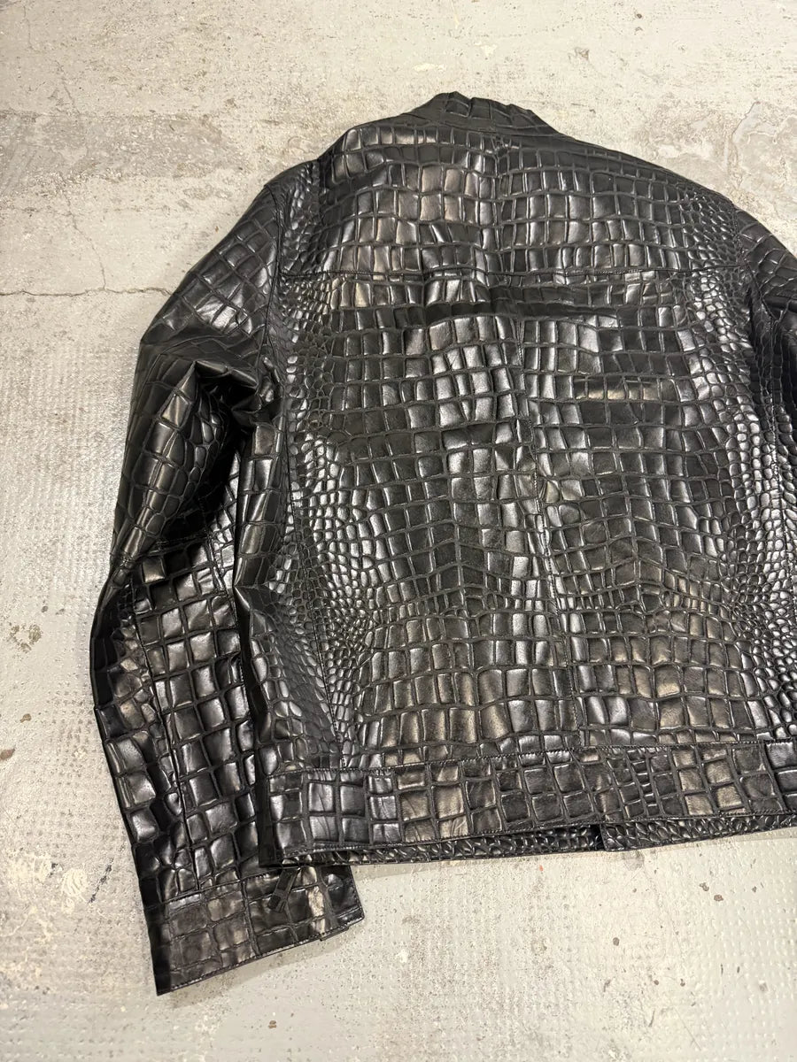 Roberto Cavalli Black Crocodile Embossed Leather Biker Jacket oUYirPD 6