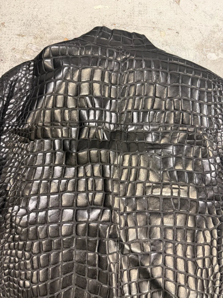 Roberto Cavalli Black Crocodile Embossed Leather Biker Jacket oUYirPD 7