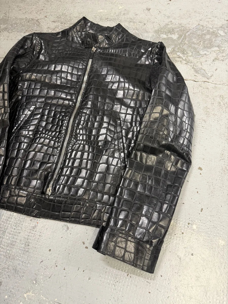 Roberto Cavalli Black Crocodile Embossed Leather Biker Jacket oUYirPD 8