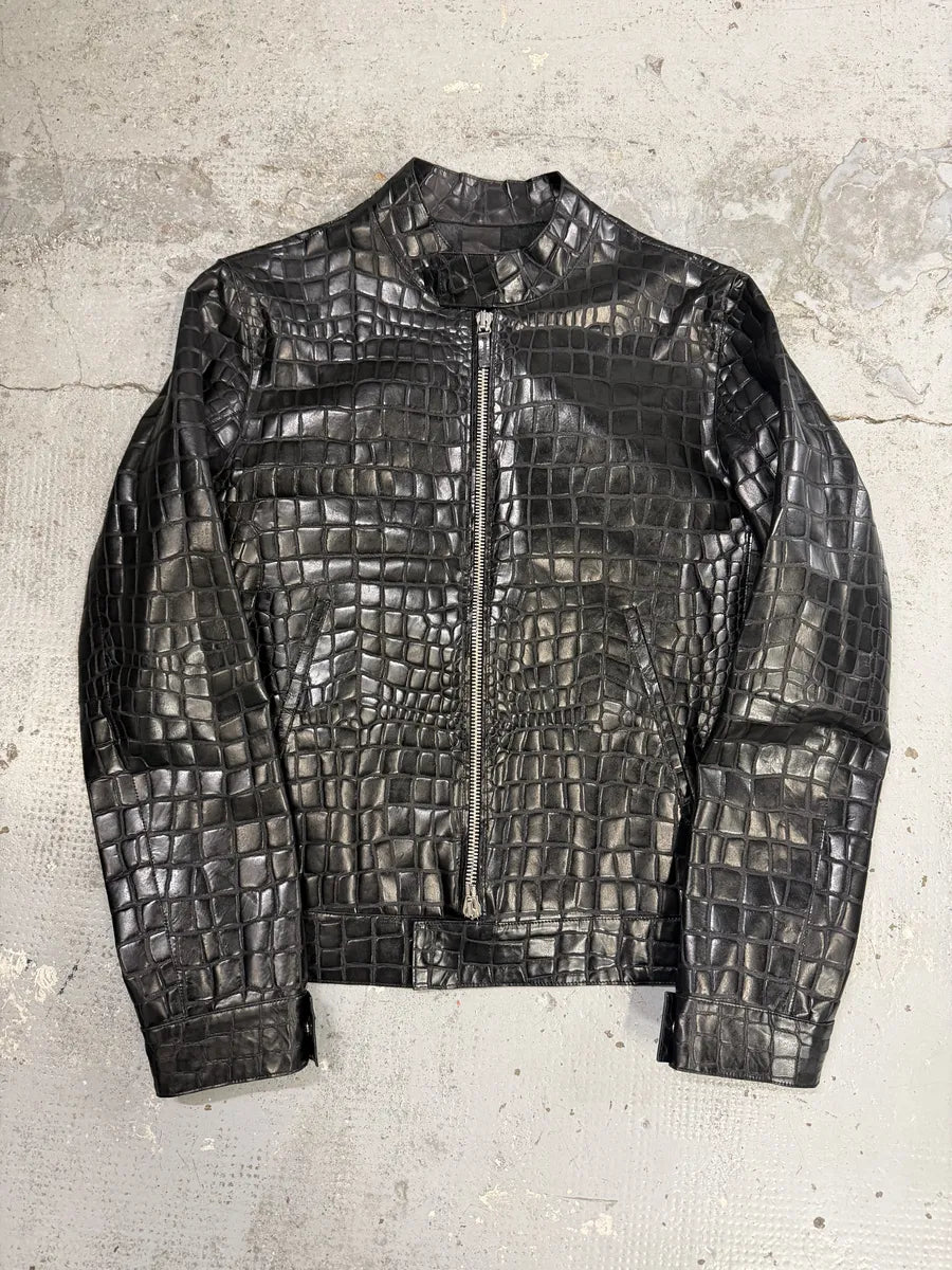 Roberto Cavalli Black Crocodile Embossed Leather Biker Jacket oUYirPD 9