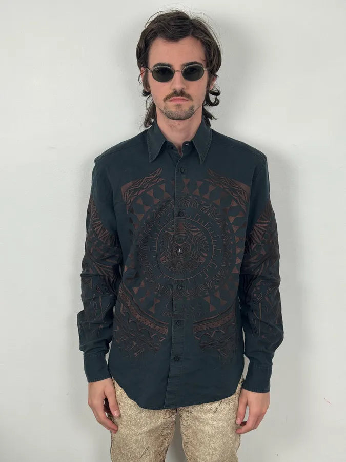 Roberto Cavalli Black & Brown Crop Circle Embroidered Shirt AFmwSkD 1