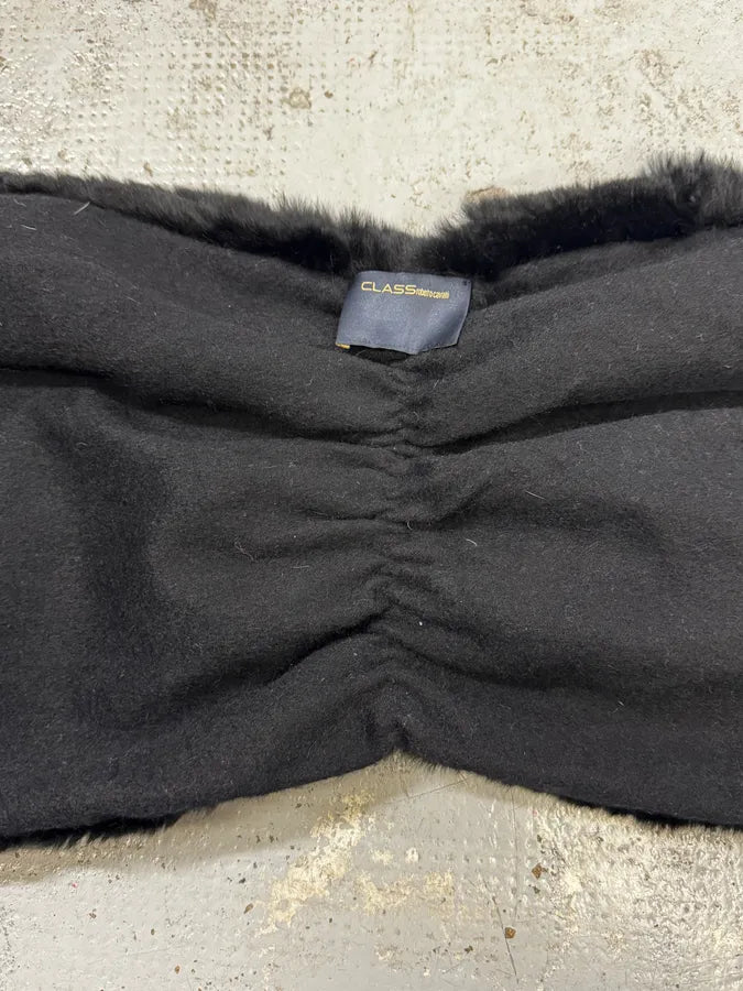 Roberto Cavalli Black Fur & Fringed Hybrid Scarf aTKXdKW 7