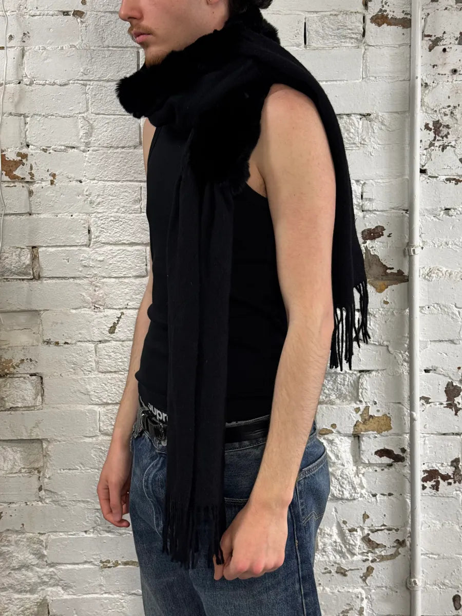 Roberto Cavalli Black Fur & Fringed Hybrid Scarf aTKXdKW 2