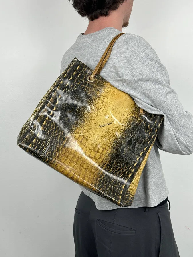 Roberto Cavalli Black Leather Crocodile Embossed Tote Bag RNfkXIF 2