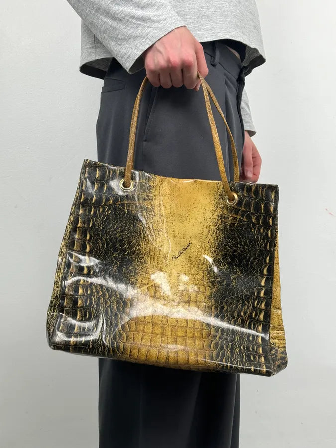 Roberto Cavalli Black Leather Crocodile Embossed Tote Bag RNfkXIF 1