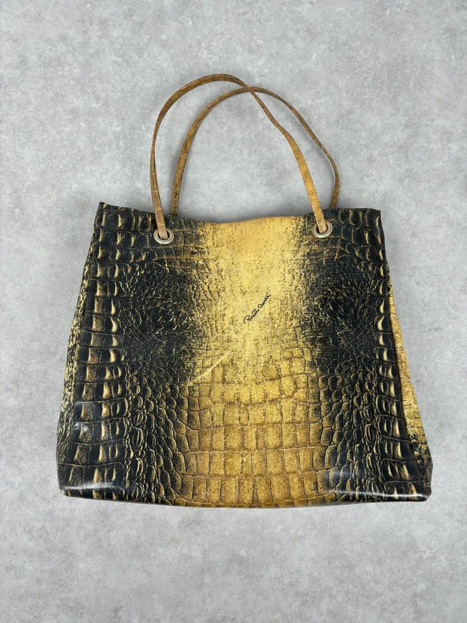 Roberto Cavalli Black Leather Crocodile Embossed Tote Bag RNfkXIF 0