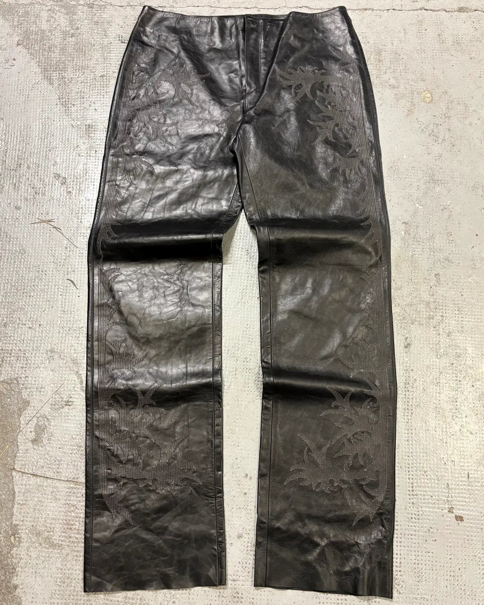 Roberto Cavalli Black Leather Embroidered Pants oceFInP 0