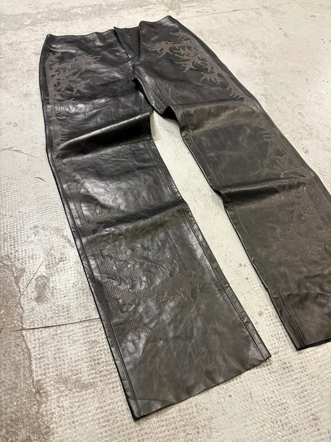 Roberto Cavalli Black Leather Embroidered Pants oceFInP 5