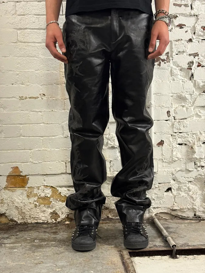 Roberto Cavalli Black Leather Embroidered Pants oceFInP 1