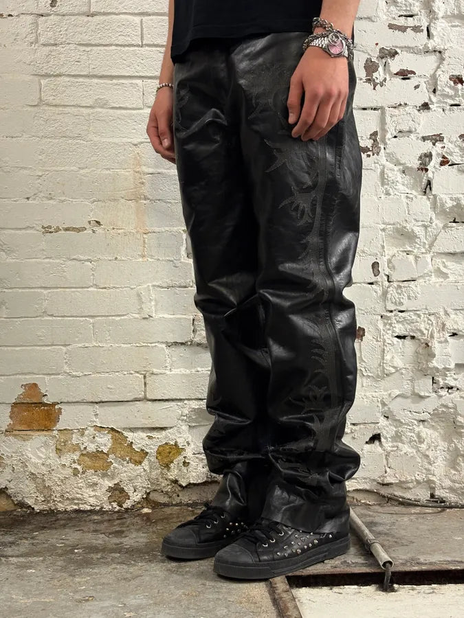 Roberto Cavalli Black Leather Embroidered Pants oceFInP 2