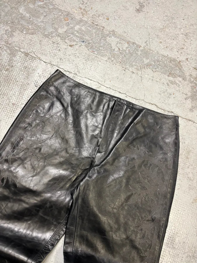 Roberto Cavalli Black Leather Embroidered Pants oceFInP 4