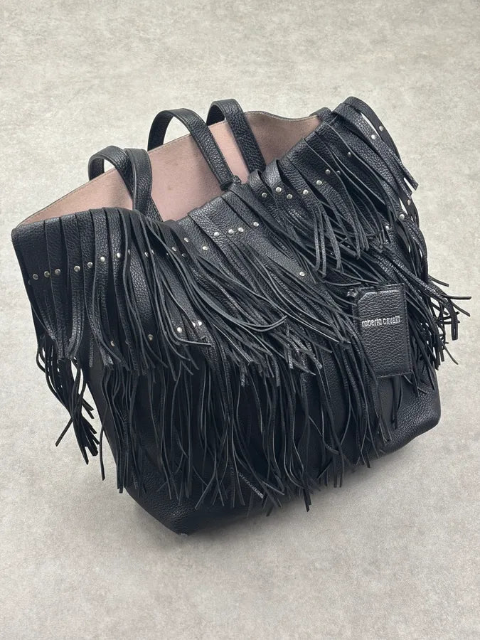 Roberto Cavalli Black Leather Fringe Shoulder Bag Hzazegn 2
