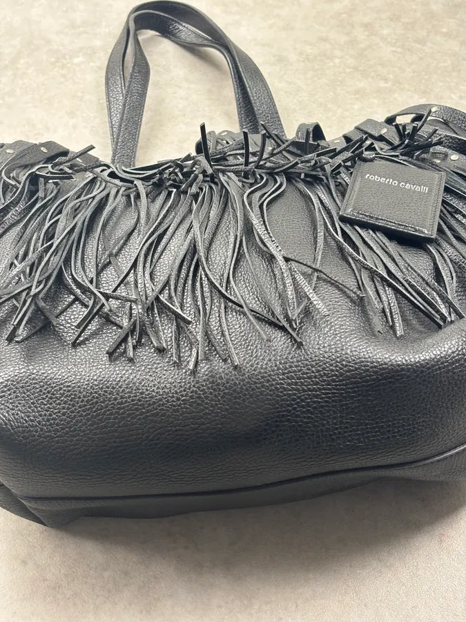 Roberto Cavalli Black Leather Fringe Shoulder Bag Hzazegn 6