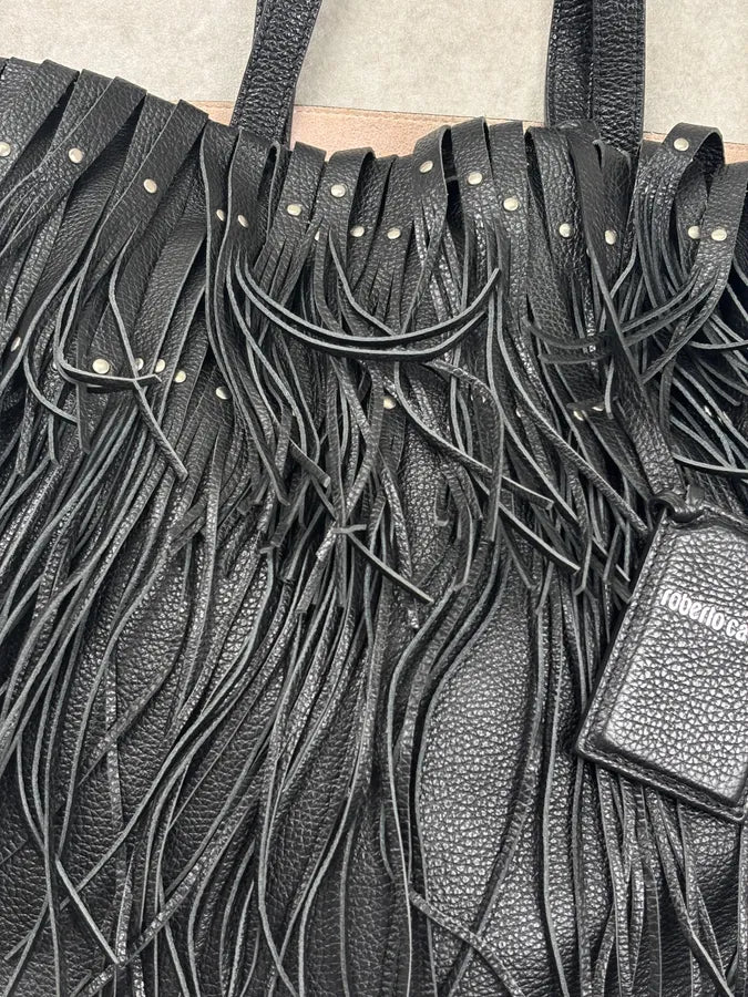 Roberto Cavalli Black Leather Fringe Shoulder Bag Hzazegn 8